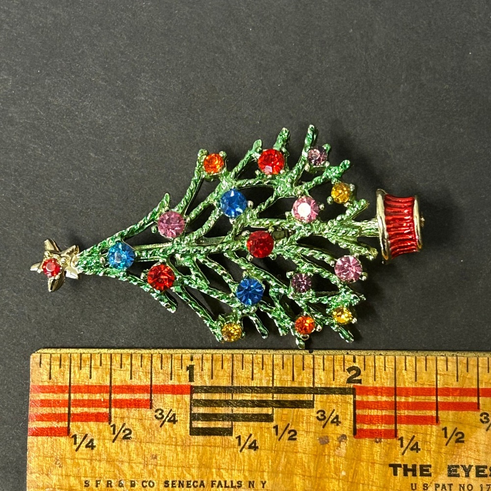 Christmas Tree Brooch Green Excellent Rhinestone Enamel Pin - Picture 4 of 4